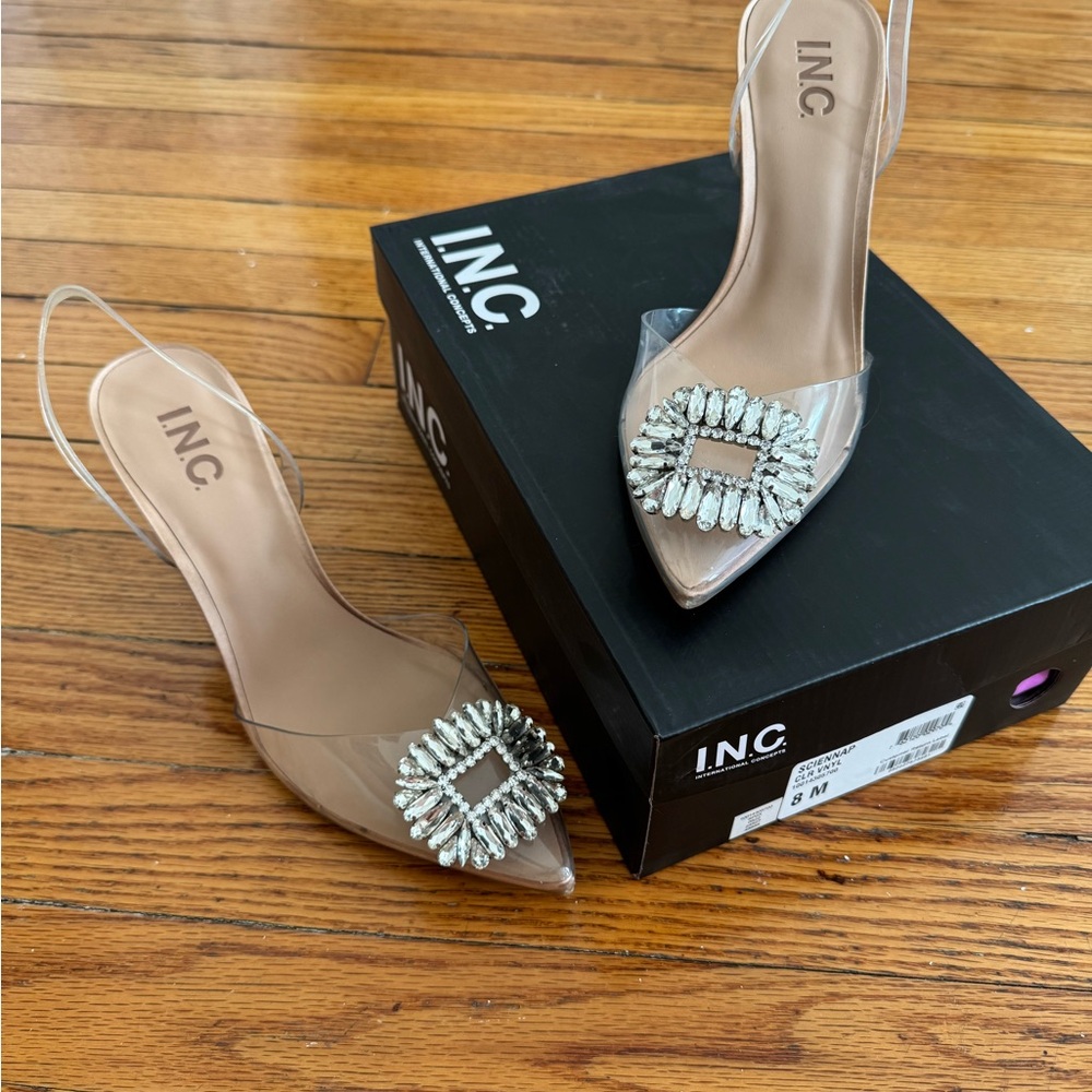 INC International Concepts Women's Clear Heels with Silver Embellishment
